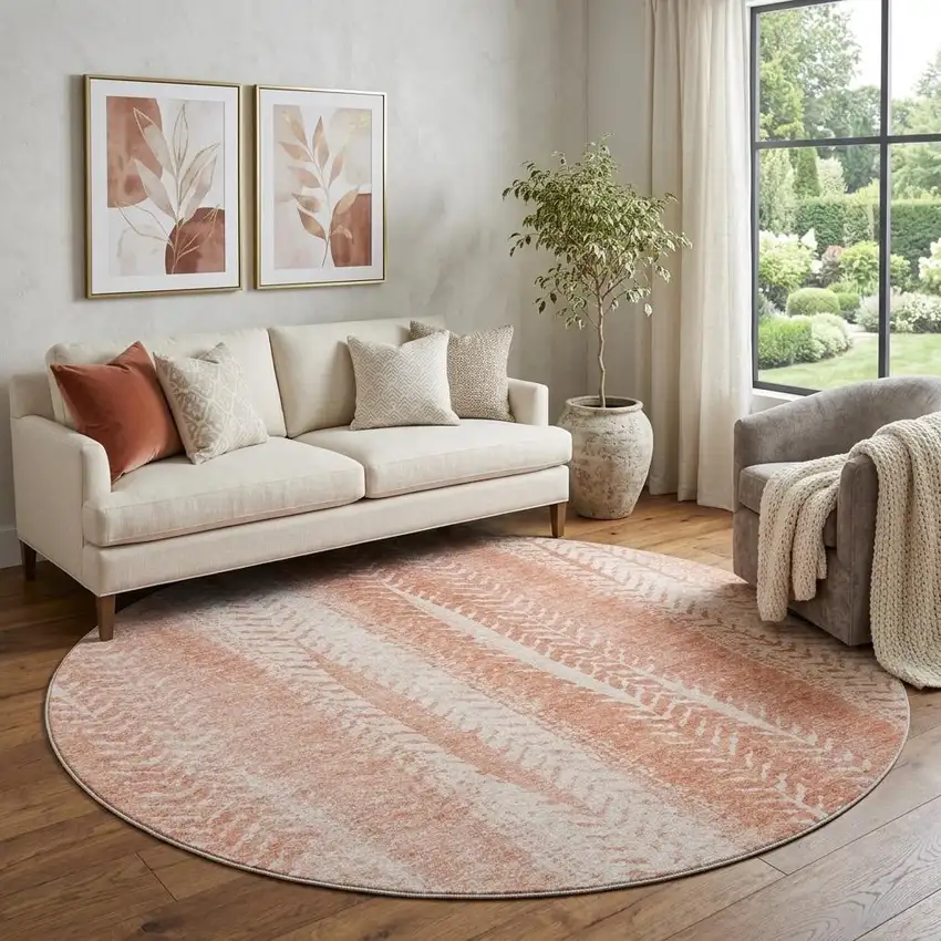 8' Coral And Ivory Striped Washable Round Rug With UV Protection Photo 1