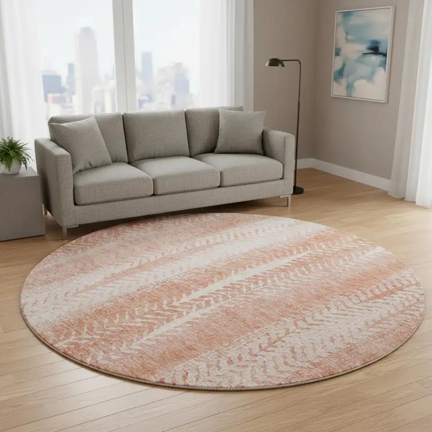 8' Coral And Ivory Striped Washable Round Rug With UV Protection Photo 2