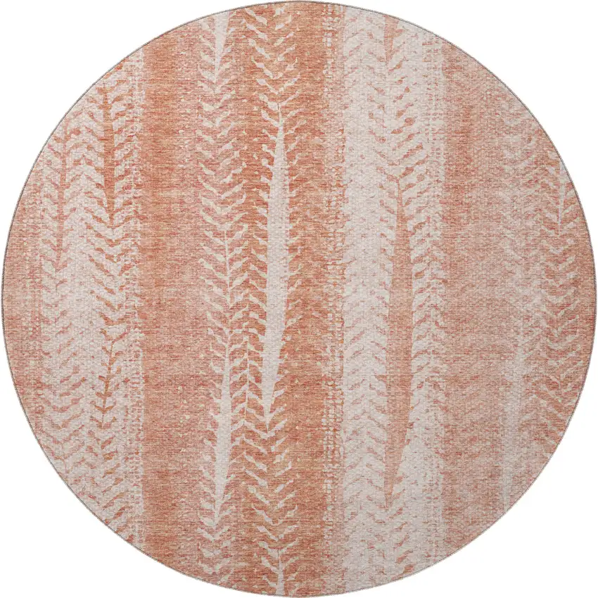 8' Coral And Ivory Striped Washable Round Rug With UV Protection Photo 4