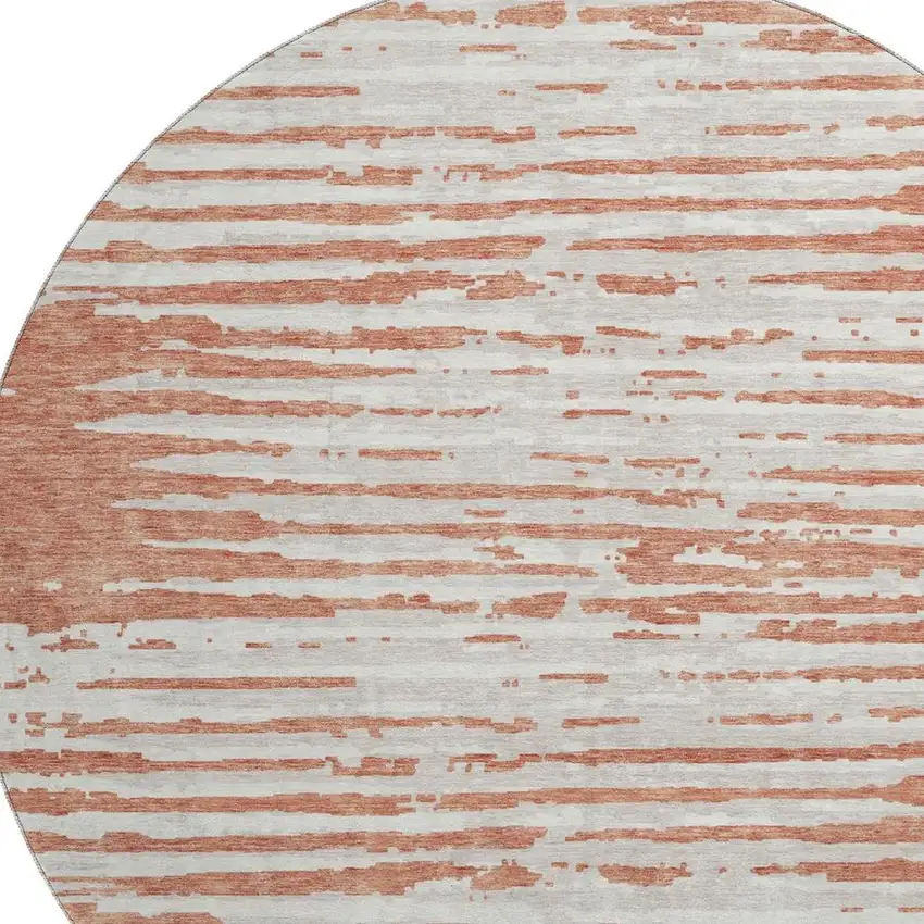 8' Coral And Ivory Striped Washable Round Rug With UV Protection Photo 3