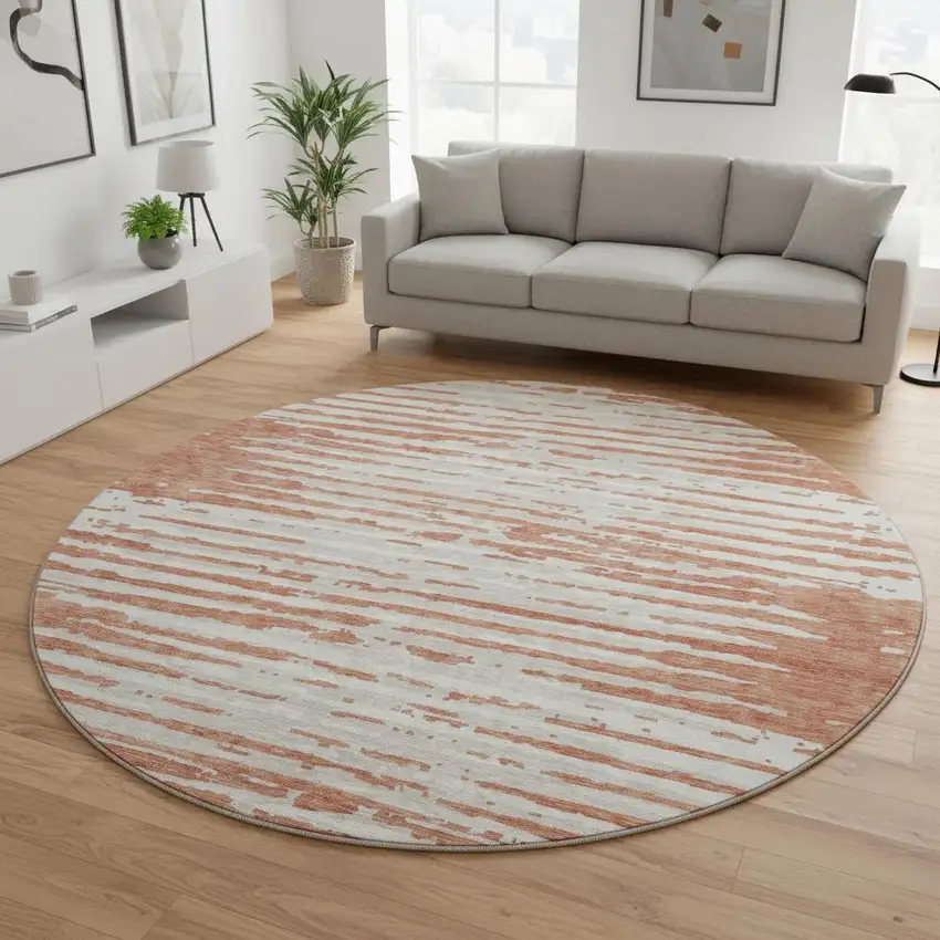 8' Coral And Ivory Striped Washable Round Rug With UV Protection Photo 2