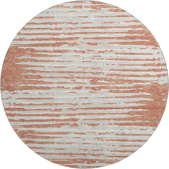 8' Coral And Ivory Striped Washable Round Rug With UV Protection Photo 1