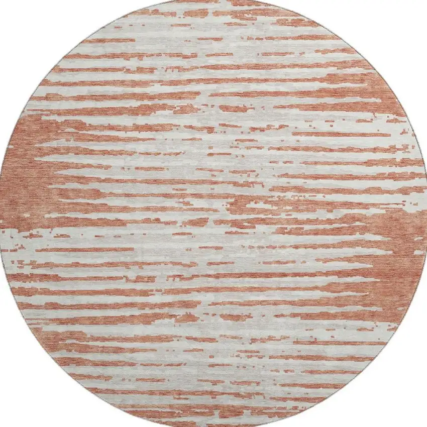 8' Coral And Ivory Striped Washable Round Rug With UV Protection Photo 4