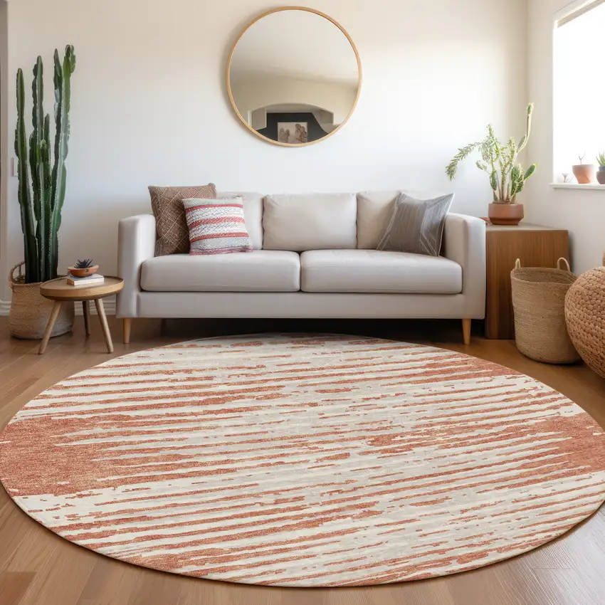 8' Coral And Ivory Striped Washable Round Rug With UV Protection Photo 5
