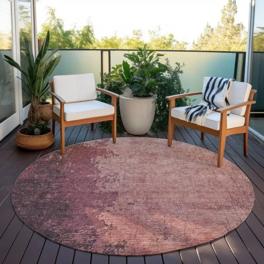 8' Coral And Mauve Round Abstract Washable Indoor Outdoor Area Rug Photo 6