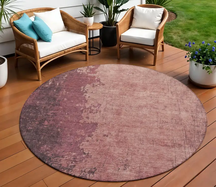 8' Coral And Mauve Round Abstract Washable Indoor Outdoor Area Rug Photo 2