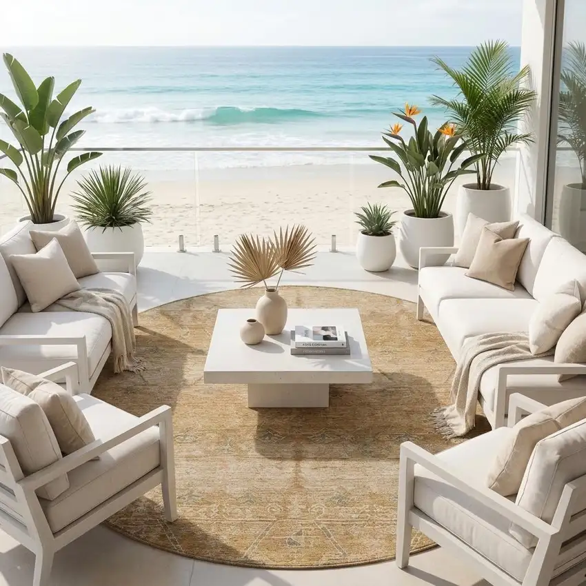 8' Coral And Orange Round Tribal Washable Indoor Outdoor Area Rug Photo 1