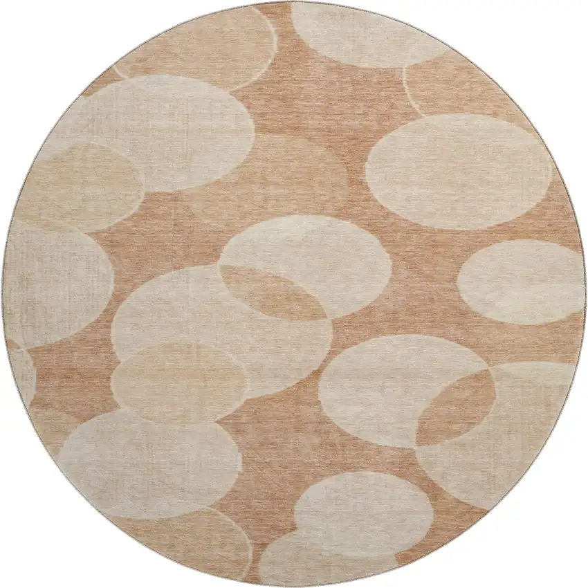 8' Coral And Peach Geometric Washable Round Rug With UV Protection Photo 1