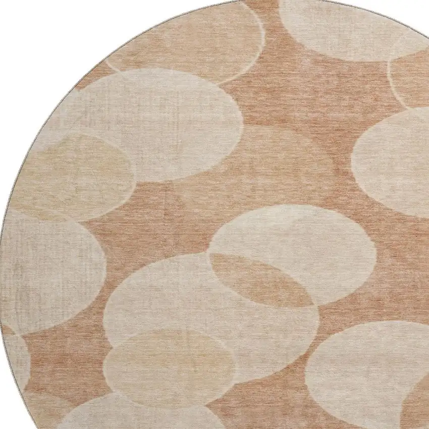 8' Coral And Peach Geometric Washable Round Rug With UV Protection Photo 2