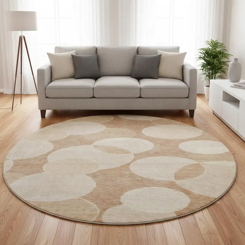 8' Coral And Peach Geometric Washable Round Rug With UV Protection Photo 2