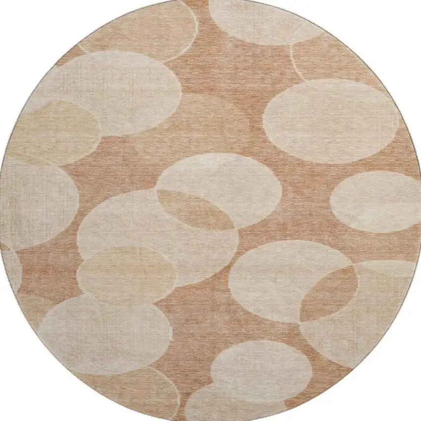 8' Coral And Peach Geometric Washable Round Rug With UV Protection Photo 3