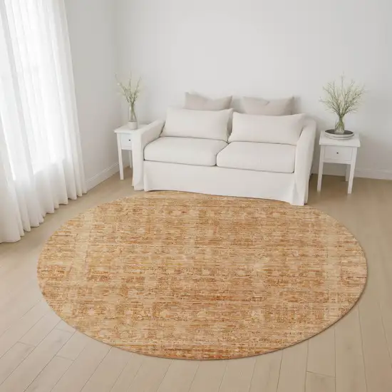 8' Coral And Peach Oriental Washable Round Rug With UV Protection Photo 4