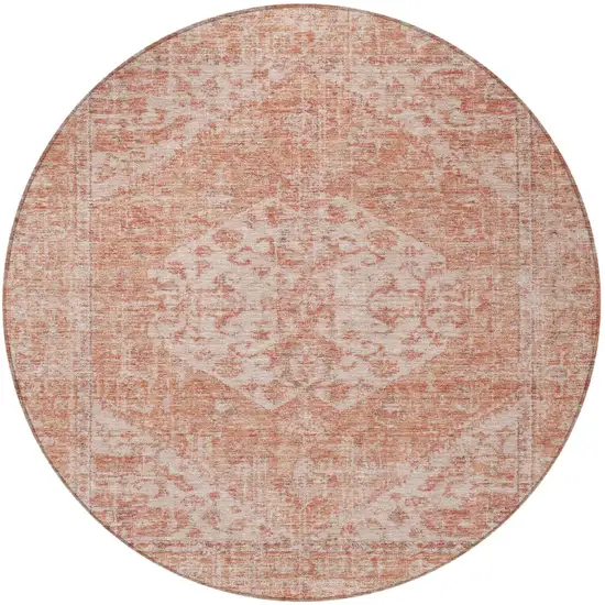 8' Coral And Pink Round Oriental Washable Indoor Outdoor Area Rug Photo 6