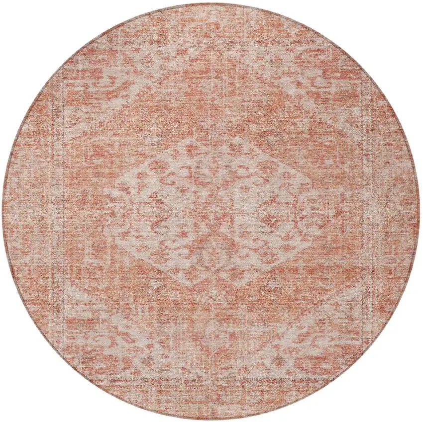 8' Coral And Pink Round Oriental Washable Indoor Outdoor Area Rug Photo 6