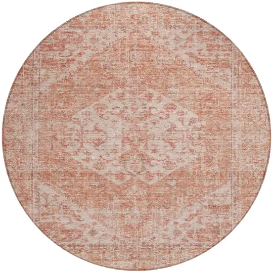 8' Coral And Pink Round Oriental Washable Indoor Outdoor Area Rug Photo 2
