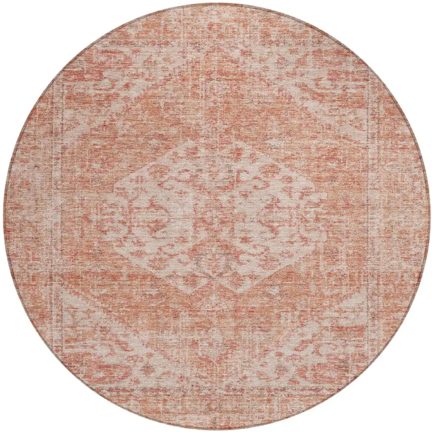 8' Coral And Pink Round Oriental Washable Indoor Outdoor Area Rug Photo 2