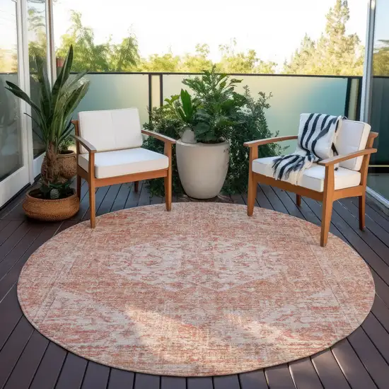 8' Coral And Pink Round Oriental Washable Indoor Outdoor Area Rug Photo 7