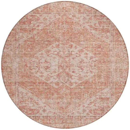 8' Coral And Pink Round Oriental Washable Indoor Outdoor Area Rug Photo 5