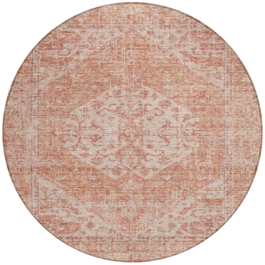 8' Coral And Pink Round Oriental Washable Indoor Outdoor Area Rug Photo 5