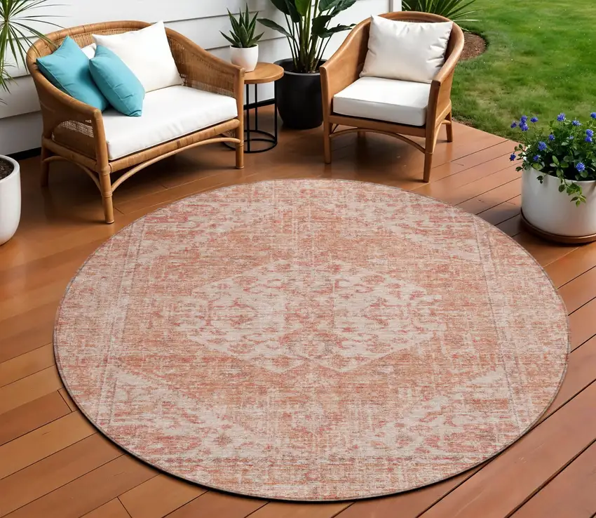 8' Coral And Pink Round Oriental Washable Indoor Outdoor Area Rug Photo 1