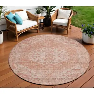 Photo of 8' Coral And Pink Round Oriental Washable Indoor Outdoor Area Rug