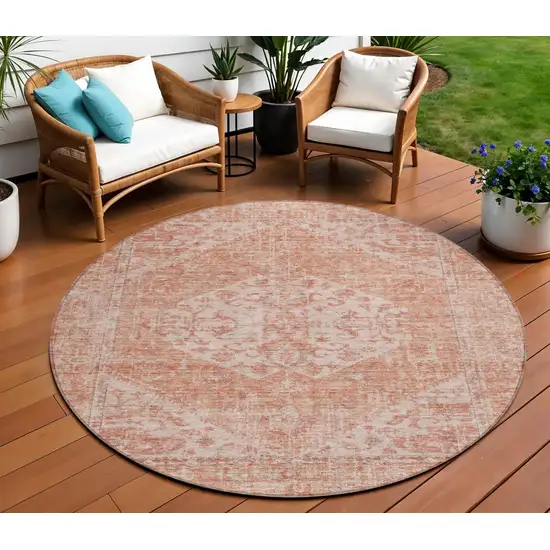 8' Coral And Pink Round Oriental Washable Indoor Outdoor Area Rug Photo 1