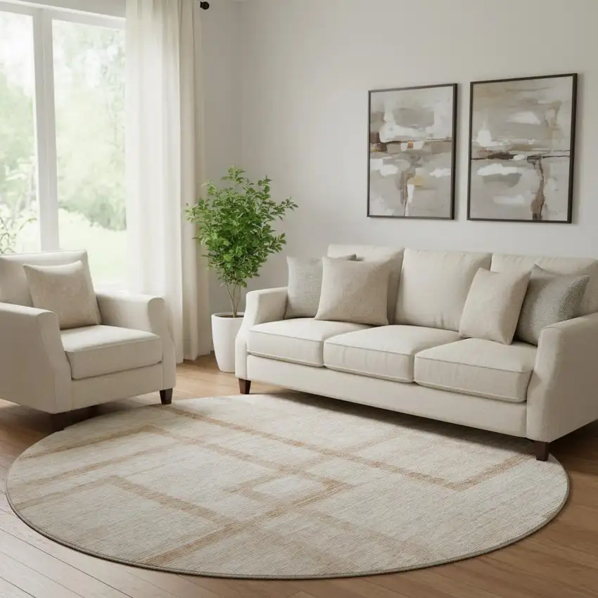 8' Coral And Rust Geometric Washable Round Rug With UV Protection Photo 1