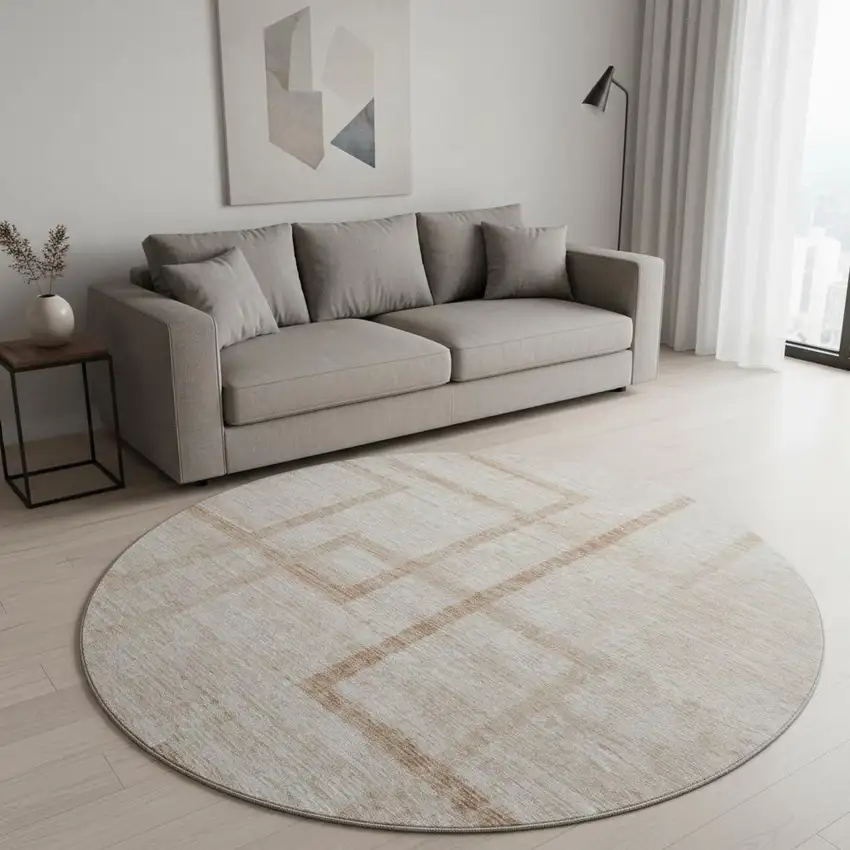 8' Coral And Rust Geometric Washable Round Rug With UV Protection Photo 2