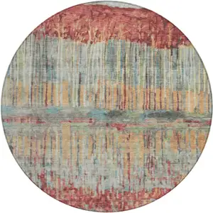 Photo of 8' Coral And Sage Round Abstract Washable Indoor Outdoor Area Rug