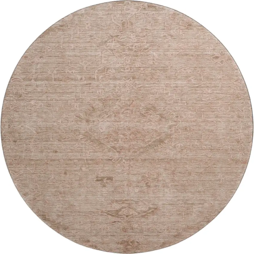 8' Coral And Salmon Medallion Washable Round Rug With UV Protection Photo 1
