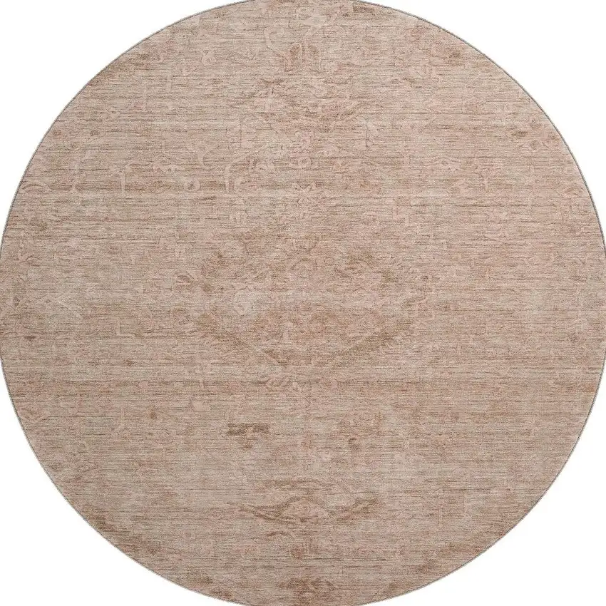 8' Coral And Salmon Medallion Washable Round Rug With UV Protection Photo 3