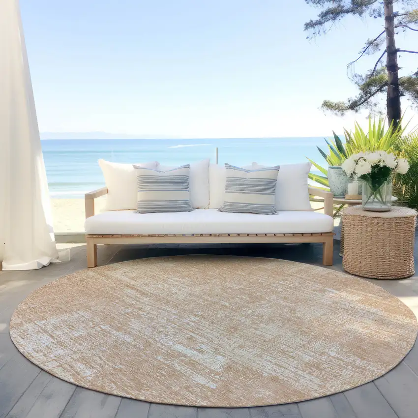 8' Coral And Salmon Round Abstract Washable Indoor Outdoor Area Rug Photo 5