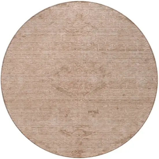 8' Coral And Tan Round Floral Washable Indoor Outdoor Area Rug Photo 5