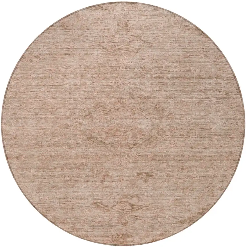 8' Coral And Tan Round Floral Washable Indoor Outdoor Area Rug Photo 5
