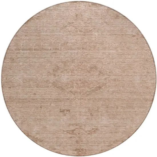 8' Coral And Tan Round Floral Washable Indoor Outdoor Area Rug Photo 2