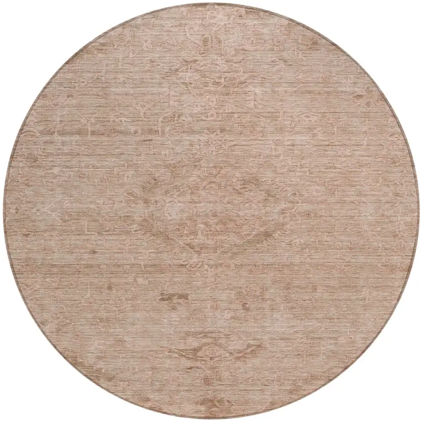 8' Coral And Tan Round Floral Washable Indoor Outdoor Area Rug Photo 2