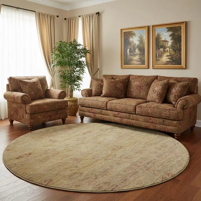 8' Coral And Taupe Abstract Washable Round Rug With UV Protection Photo 2