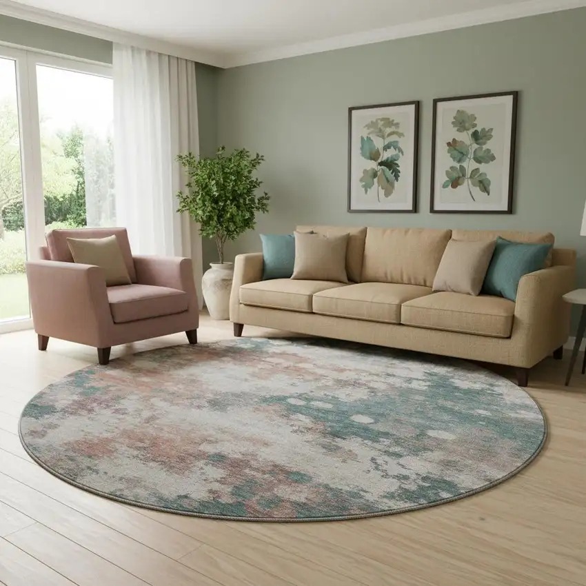 8' Coral And Teal Abstract Washable Round Rug With UV Protection Photo 2