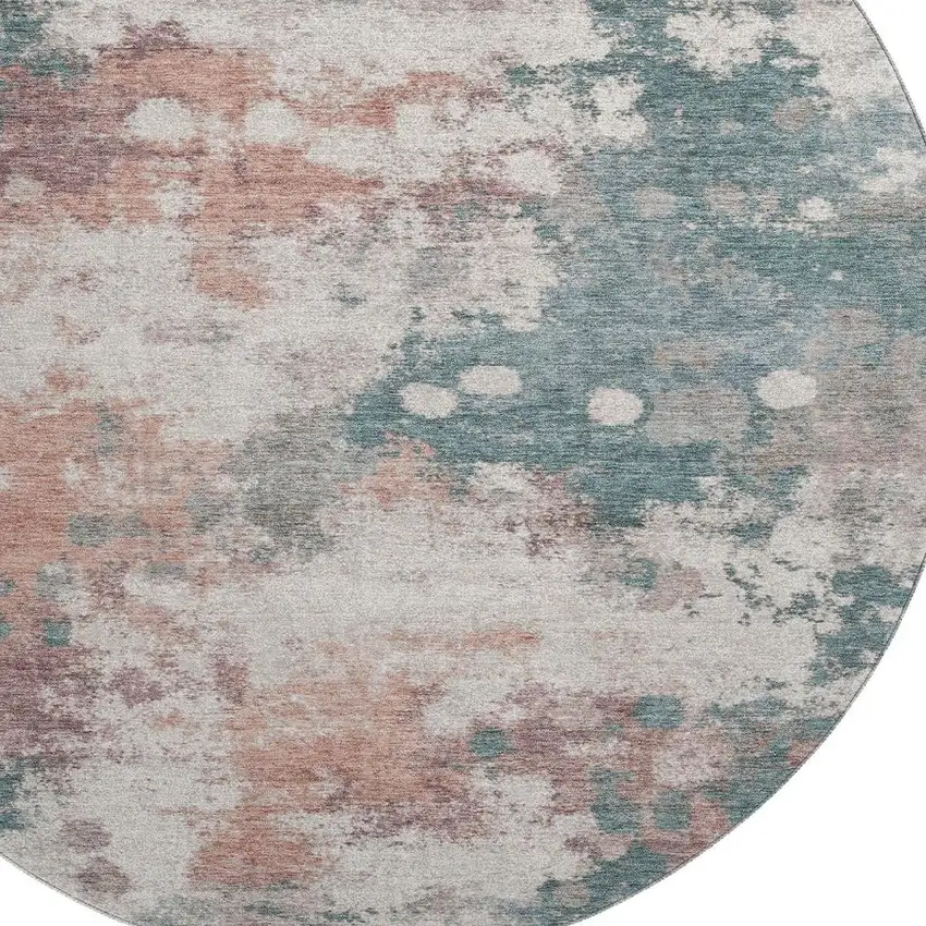 8' Coral And Teal Abstract Washable Round Rug With UV Protection Photo 3