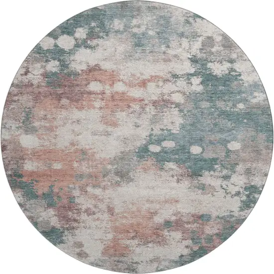 8' Coral And Teal Abstract Washable Round Rug With UV Protection Photo 1