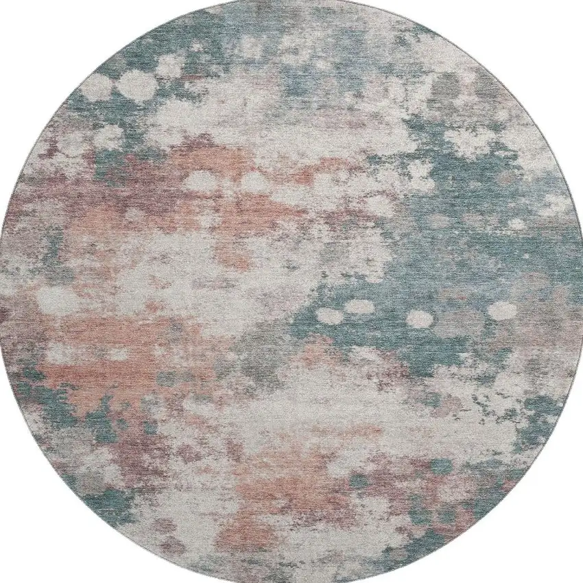 8' Coral And Teal Abstract Washable Round Rug With UV Protection Photo 4