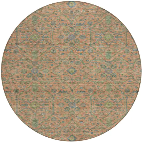 8' Coral And Teal Blue Round Floral Washable Indoor Outdoor Area Rug Photo 2