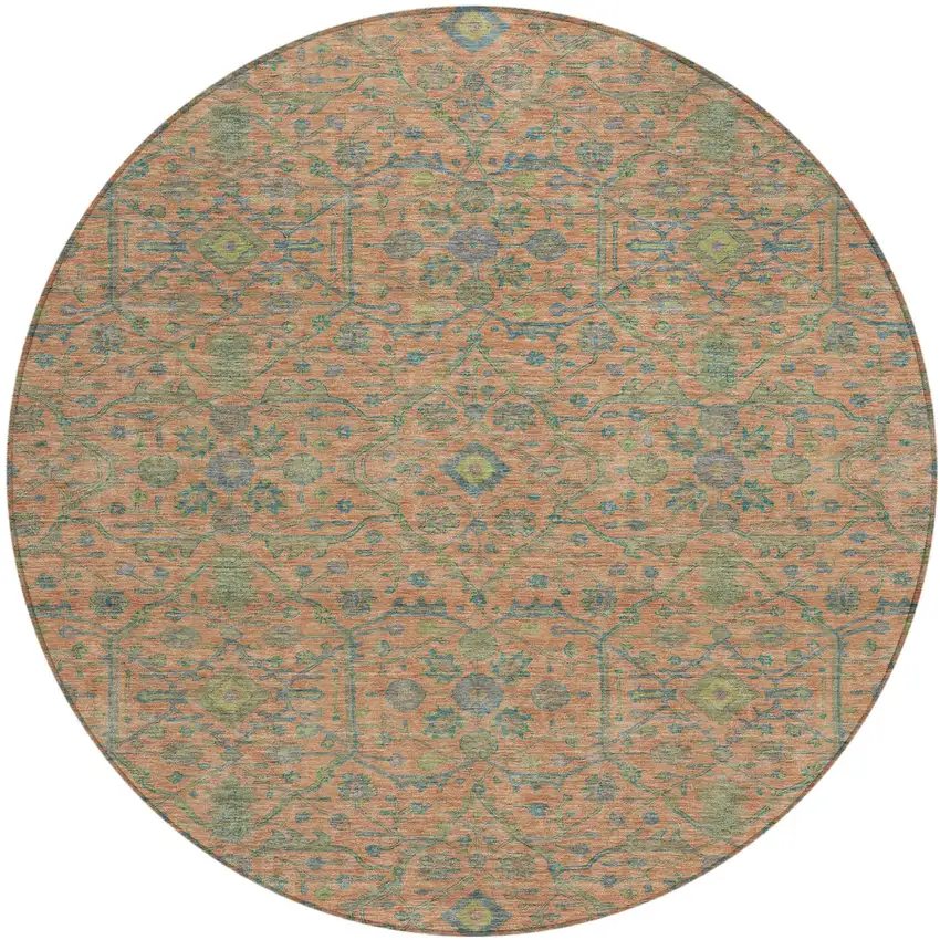 8' Coral And Teal Blue Round Floral Washable Indoor Outdoor Area Rug Photo 2