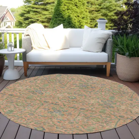 8' Coral And Teal Blue Round Floral Washable Indoor Outdoor Area Rug Photo 6