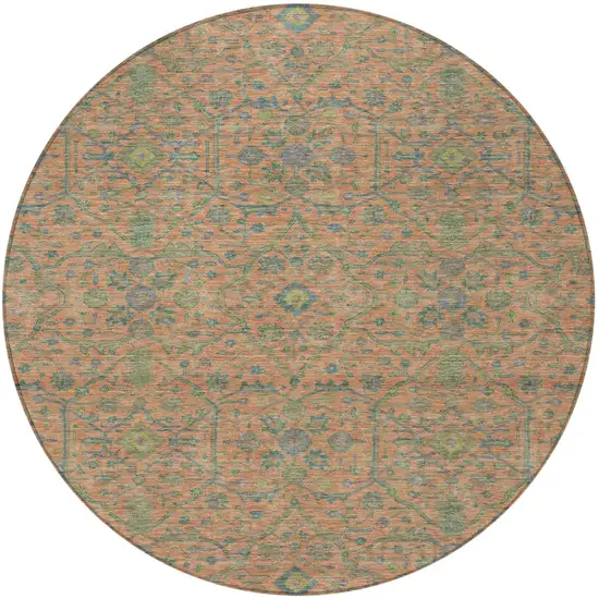 8' Coral And Teal Blue Round Floral Washable Indoor Outdoor Area Rug Photo 5