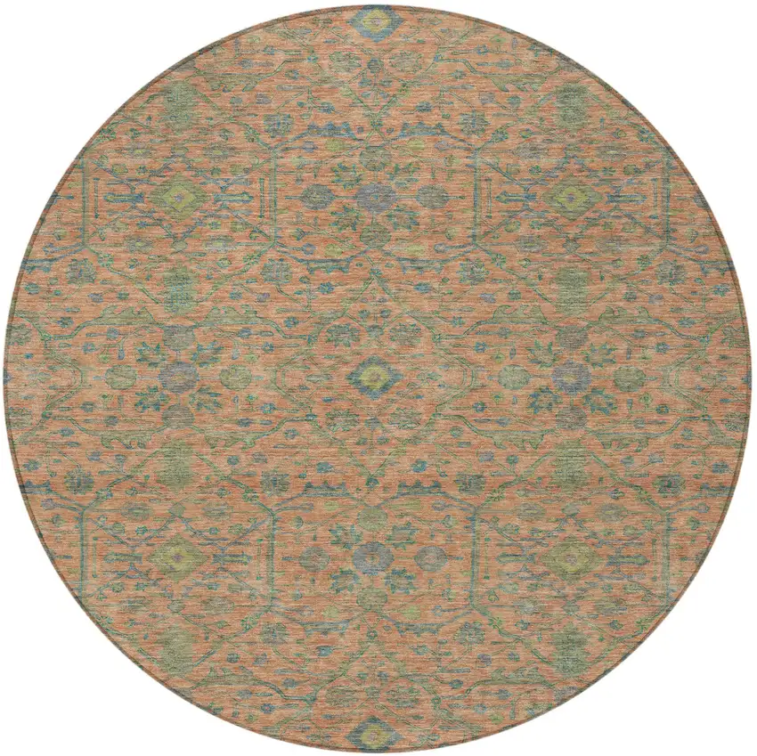 8' Coral And Teal Blue Round Floral Washable Indoor Outdoor Area Rug Photo 5