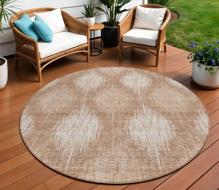 8' Coral And Terra Cotta Round Ikat Washable Indoor Outdoor Area Rug Photo 1