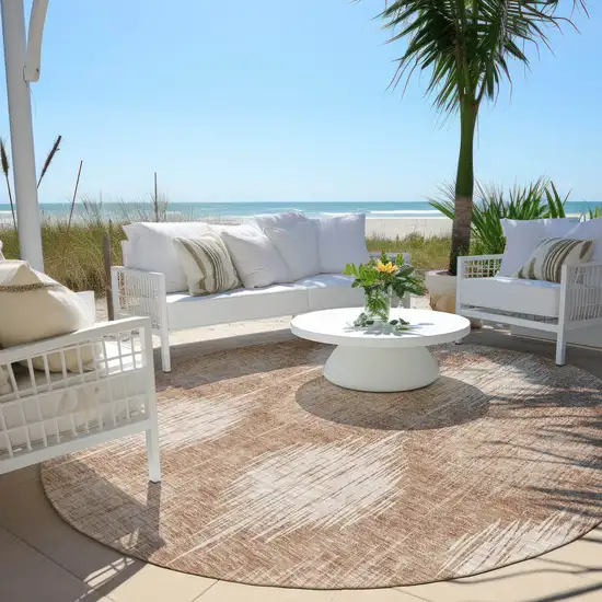 8' Coral And Terra Cotta Round Ikat Washable Indoor Outdoor Area Rug Photo 6