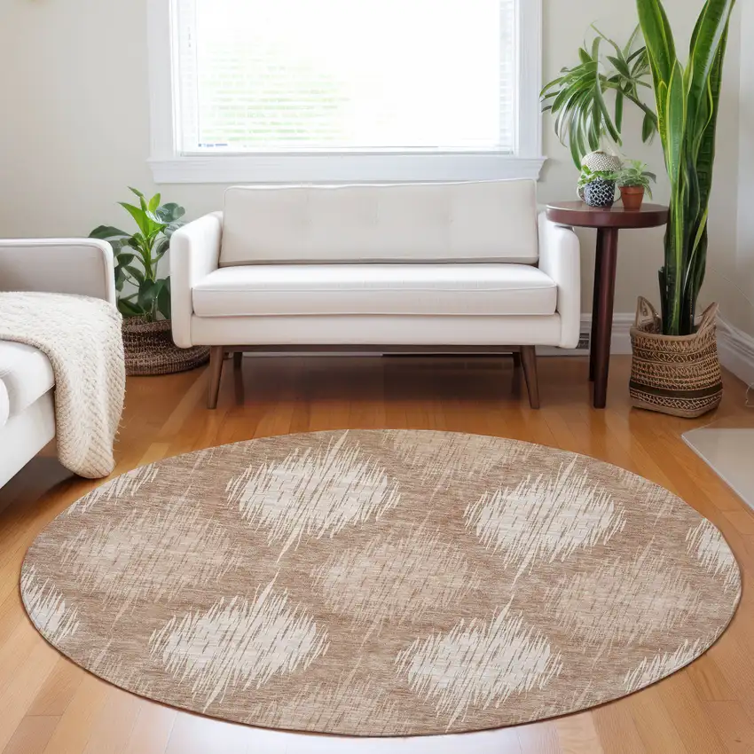 8' Coral And Terra Cotta Round Ikat Washable Indoor Outdoor Area Rug Photo 7