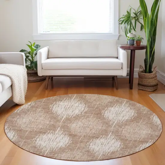 8' Coral And Terra Cotta Round Ikat Washable Indoor Outdoor Area Rug Photo 7